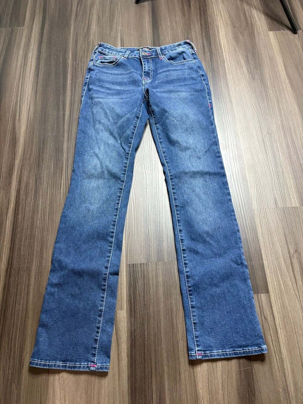 True Religion Billie Jeans Women 27 Mid Rise Straight Bootcut Pink Stitch